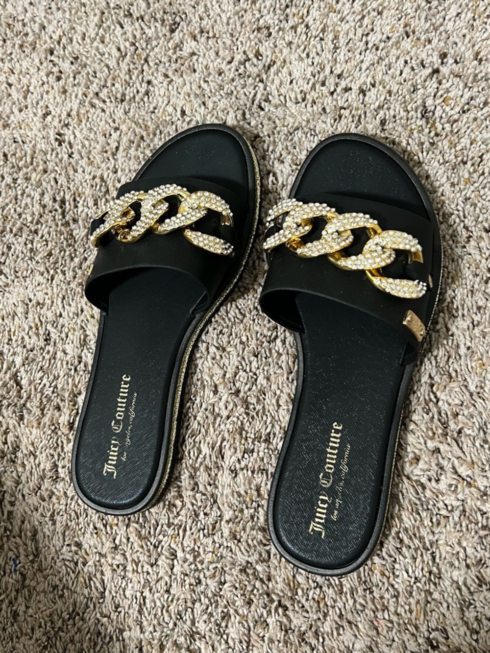Juicy Couture Black Slide Sandals with Gold Crystal Chain Accent